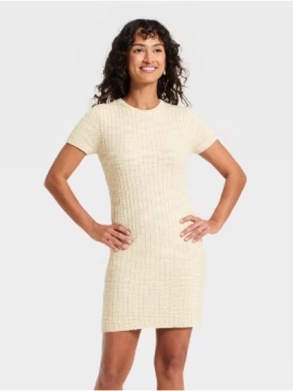 NWT Women’s Universal Thread Short Sleeve Rib Mini Sweater Dress Cream Sz M